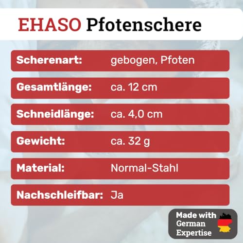 EHASO Premium Pfotenschere 12 cm gebogen für Hunde | Abgerundete Schere, Gebogene Schere, Klein und Präzise | Pfotenschere in Spitzenqualität | Für alle Hunderassen geeignet