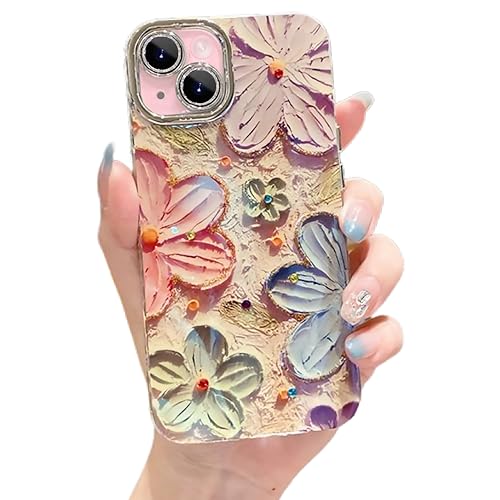 Image of VONZEE Laser Flower Case Compatible with iPhone 15 Plus, Colorful Oil Painting Design, Shockproof PC+TPU Hybrid Cover, Full Camera Protection Glossy Cute Protective Case for Women & Girls, Pink