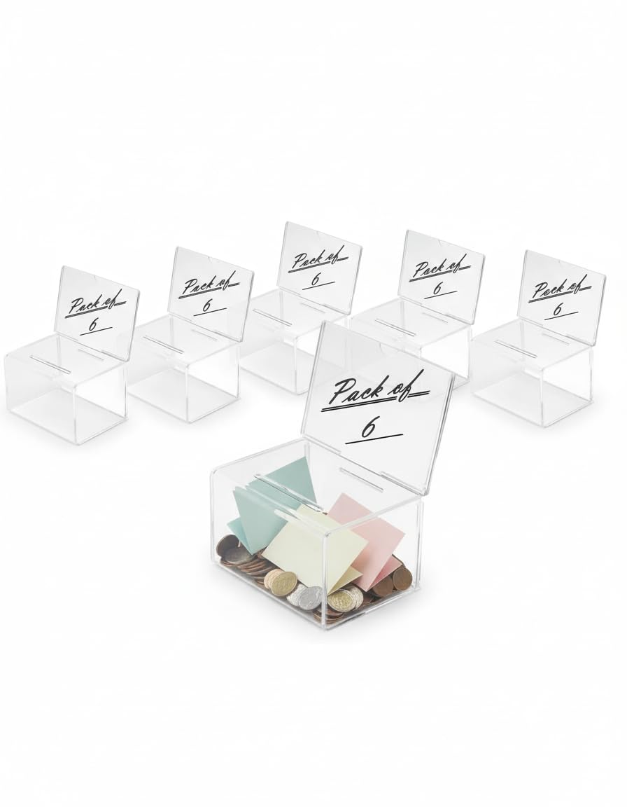 Pack of 6 Deflecto® Suggestion/Coin Box (drop slot size 89mm x 6.4mm) with 152x102mm Sign Holder - Crystal — image 1