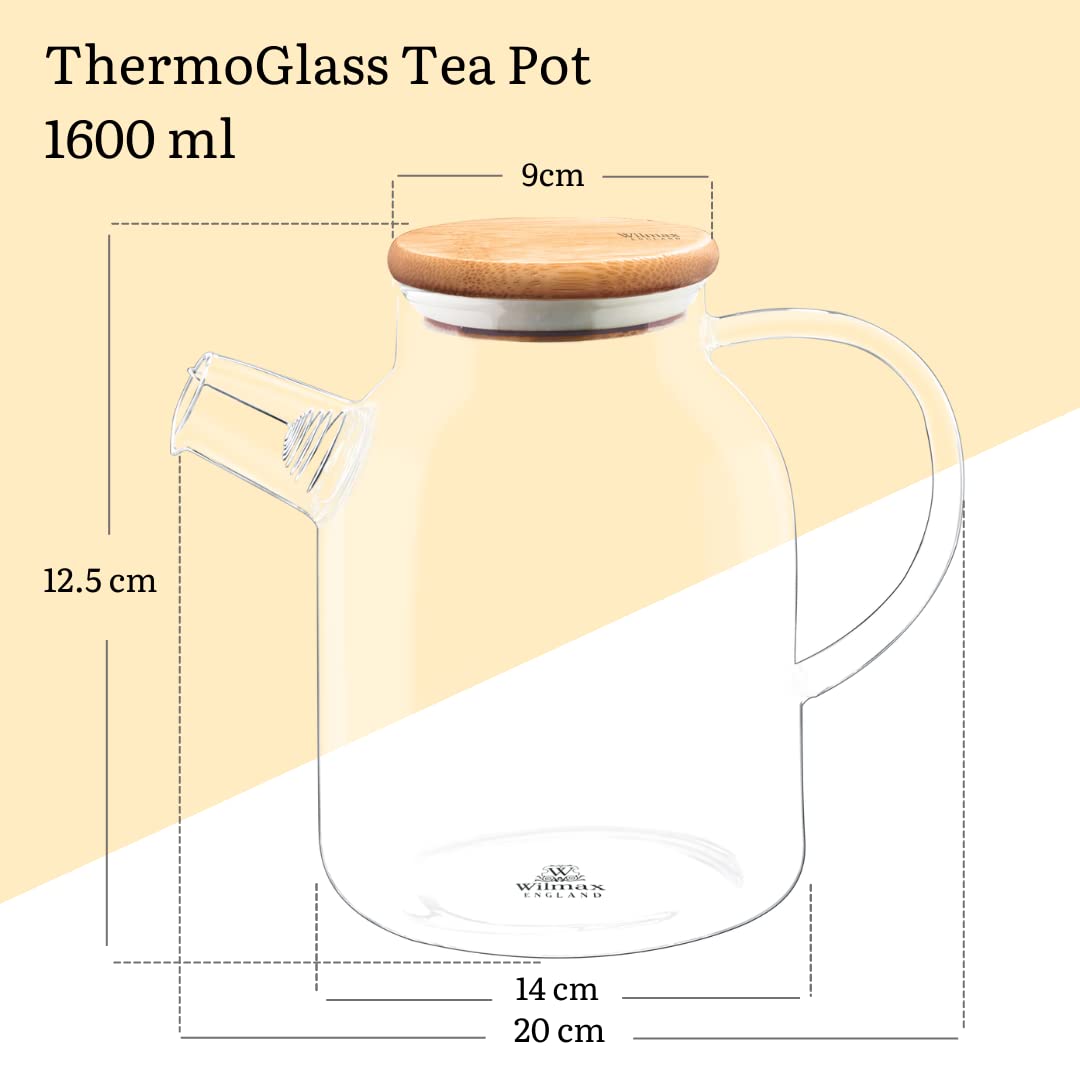 Wilmax Teekanne 1,6L + 6 Thermogläser 400ml im Set | Teesieb für losen Tee | Glaskanne mit Bambus-Deckel | Kanne für Teeblumen | Teapot | Glaskanne für Heiß- und Kaltgetränke | Spülmaschinenfest