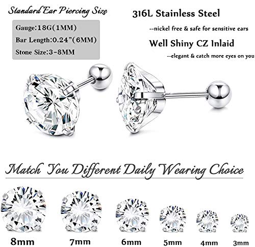 Jstyle 6Pairs 18G Stainless Steel Mens Womens Stud Earrings Cartilage Ear Piercings Helix Tragus Barbell Cz 3-8Mm S #TOP3
