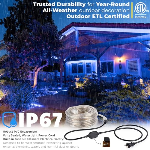 WYZworks 1656LEDs, 150ft LED Blue Outside Rope Light, Connectable Outdoor ETL Certified Permanent Waterproof Accent Exterior Lighting, Flexible Clear PVC, ETL Certified, Yard Patio Palm Tree - Thumbnail 3