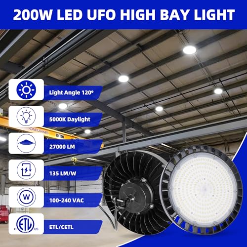 Image of hykolity UFO LED High Bay Light, 200W, 27000LM, 5000K Daylight, 135LM /W | High Bay Shop Lights IP65 Waterproof Commercial Bay Lighting for Warehouse Workshop Factory Shop Barn Factory, ETL, 1 Pack