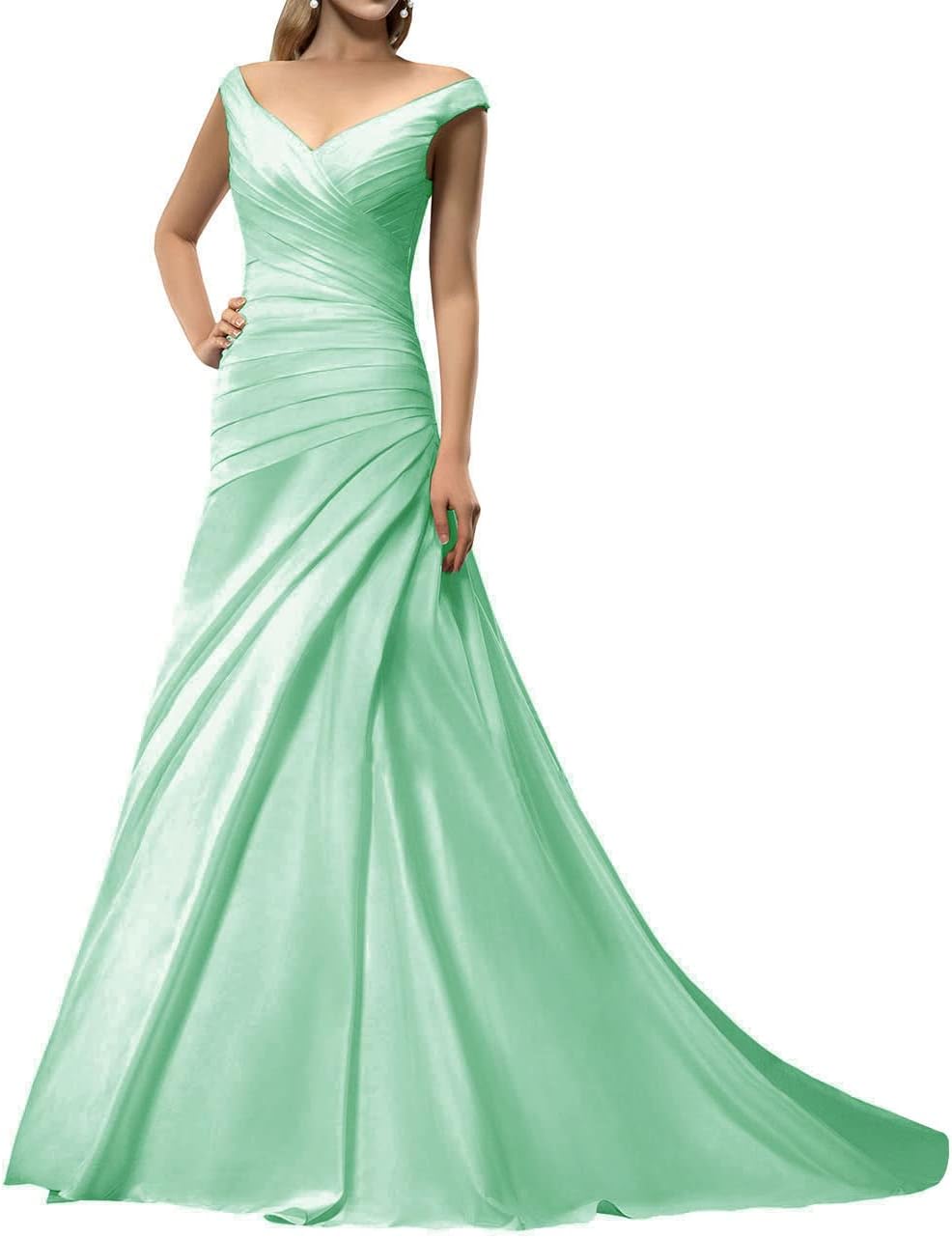 Uther Off Shoulder Formal Evening Prom Dresses Floor Length Wedding Dress V-Neck