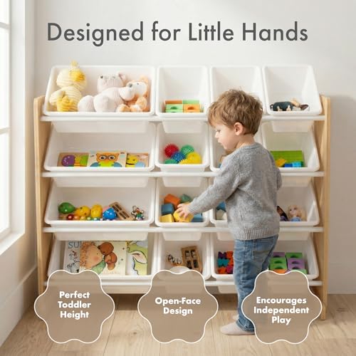 Image of Humble Crew Toy Storage Organizer with 16 Removable Storage Bins for Kids Playroom, 4-Tier Toddler Toy Organization and Storage, Natural Wood /White