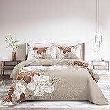 DJY Brown Quilt Set Queen Taupe Floral Pattern Quilt Coverlet Set Boho Floral Bedspread with 2 Pillow Shams Elegant Flower Bedding Quilt Set for All Season (3 Pieces, 90'x 96')
