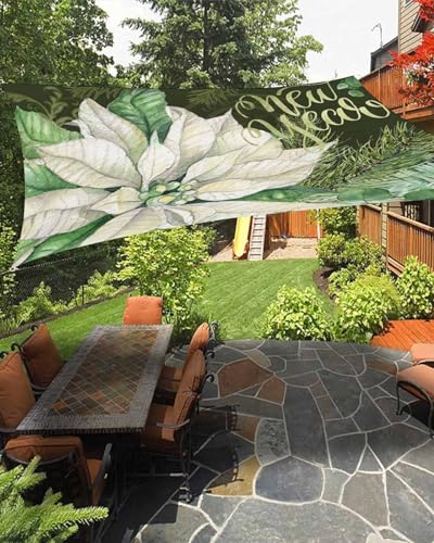 Boanket Sun Shade Sail 12' x 16', Christmas Sun Blocking Shades Privacy Outdoor Covering, Xmas White Poinsettia Green Botanical Rustic Shade Cloth for Patio Deck Terrace Garden Lawns Beach Backyard