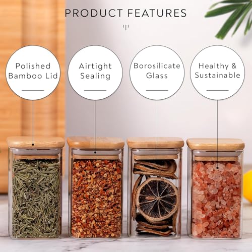 Image of 270 Ml Glass Spice Jars Set with Bamboo Lids & Square Spice Jars for Kitchen Storage and Organization set of 12(12, SQUARE BAMBOO LID GLASS JAR 270 ml -)