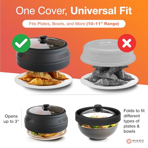 Image of Mikro Innovations Glass & Silicone Microwave Splatter Cover - Tall and Collapsible Design that fits 6-10.5in Plates and Bowls - Space Saving, BPA Free & Dishwasher Safe (1, Black, large)