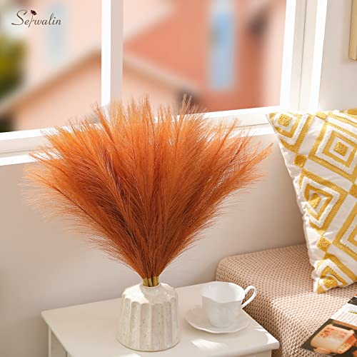 Image of Serwalin Pampas Grass Decor 17.7 Inch 6 Pcs Orange Pampas Grass, Faux Burnt Orange Pampas Fall Boho Decor, Wedding Party Table Centerpieces Rust Home Decor Pampas Floral Arrangement