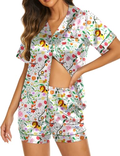 Image of Ekouaer Silk Pajamas for Women Short Sleeve Sleepwear Soft Button Down Loungewear 2 Piece Satin Pjs Shorts Set,White-Animal,M