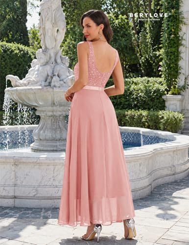 Image of BeryLove Sequin Dress for Woman Vintage A Line Wedding Formal Swing Mesh Dress Sleeveless Cocktail Maxi Gowns