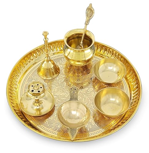 Image of BENGALEN Brass Puja Thali Set 8 Inch Pooja Thali with Pital Design Plate Kalash Chandan Wati Dhup Dan Diya Ghanti Palli Arti Thali for Diwali Home Office Mandir Wedding Return Gift Items