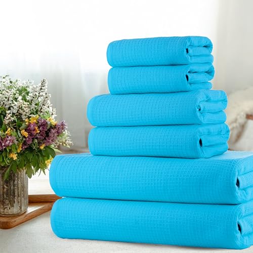 Image of Casa Copenhagen, Egyptian Cotton - Waffle Terry Towel 6 Piece Set, Includes 2 Bath Towels 2 Hand Towels 2 Washcloths - Teal Blue