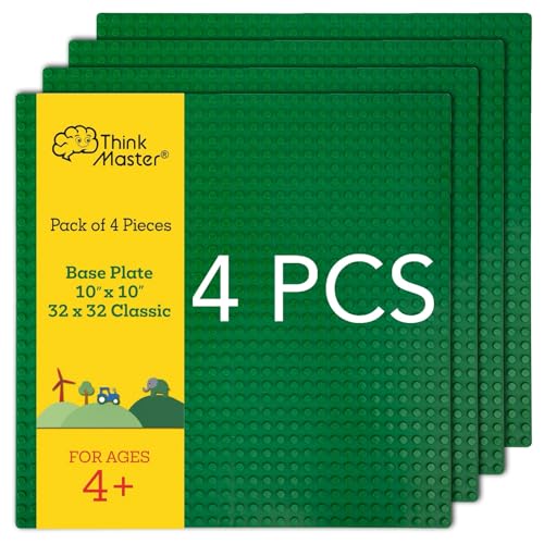 Classic Baseplates Building Plates for Building Bricks 100% Compatible with All Major Brands - Baseplate, 10" x 10", (4 Green)