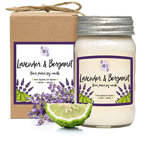 Aira Soy Candles - Organic, Kosher, Vegan, In Mason Jar W/Therapeutic Grade Essential Oil Blends - Hand-Poured 100% Soy Candle Wax - Paraffin Free, Burns 110+ Hours - Lavender & Bergamot -16 Ounces #TOP22