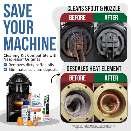 Image of Caffenu Nespresso Originaline Descaling Kit, 2-Use Solution and 4 Pods | Cuts through limescale, clears the pod area, and restores hotter, better-tasting coffee, includes 2-use solution and 4 pods.