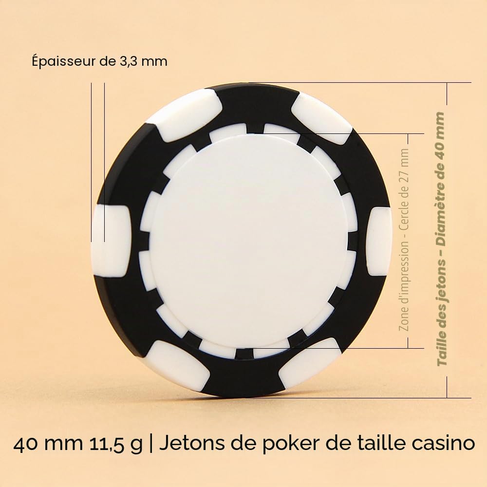 Jetons de poker personnalisés de 40 mm avec votre texte, logo ou motif pour mariages, anniversaires, fêtes, événements d'entreprise et collectes de fonds, 100 jetons de poker colorés de 11,5 g (noir)