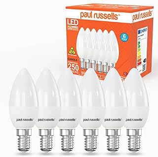 paul russells LED Light Small Edison Screw E14, 25w Bulbs, 3W 250LM LED Bulbs, 2700K Warm White Lamps, Classic Frosted C37 SES Candle Energy Saving Lightbulbs, Pack of 6