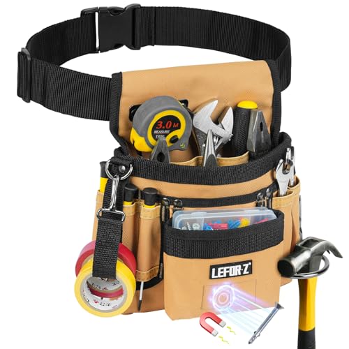 Tool Belt,Magnetic Tool Pouch,14-Pockets Tool Belts for Men,Detachable & Adjustable Tool Pouch belt for Electrician,Carpenter,Construction,Work Apron,Utility Belt,Black-Brown