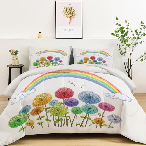 Collage - Juego de edredón sin funda de edredón individual, diseño colorido de diente de león y arco iris, reversible, color blanco, 135 x 200 cm, juego de ropa de cama súper suave y cómodo con funda