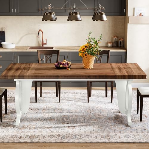 Tribesigns-Farmhouse-Dining-Table-for-6-8-People-709-Inch-Rectangular-Wood-Dining-Table-with-Thicken-Desktop-Rustic-Large-Kitchen-Table-Heavy-Double-Round-Wooden-Leg-for-Dining-Room-BrownWhite Tribesigns Farmhouse Dining Table for 6 8 People 709 Inch Rectangular Wood Dining Table with Thicken Desktop Rustic Large Kitchen Table Heavy Double Round Wooden Leg for Dining Room BrownWhite