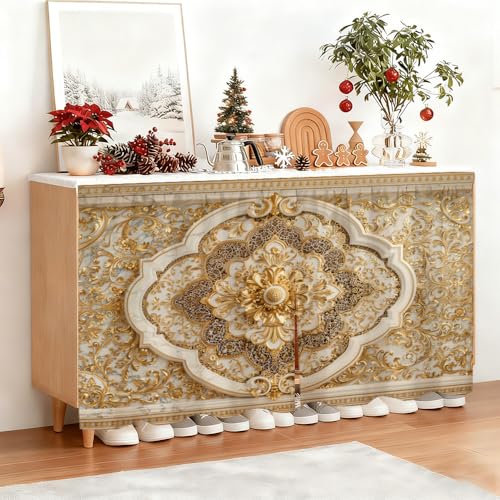 Image of Self Adhesive Luxury Golden Baroque Cabinet Curtain for Mother's Day, 39x28 Inch Victorian Floral Under Sink Skirt No Drill, Spring Cleaning Kitchen Decor, Hook and Loop Valance