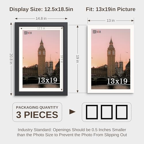 Image of VCK 13x19 Picture Frame 3 Pack, Black Poster Frame MDF Wood with Polished Plexiglass, Wall Mounting Horizontal & Vertical Display