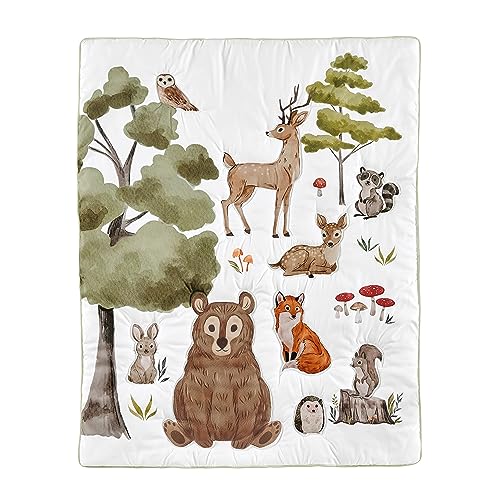 Image of Sweet Jojo Designs Woodland Forest Animals Boy Girl Gender Neutral Unisex Baby Mini Crib Bedding Set Infant Nursery Room Newborn Blanket Portable Pack n Play Sheets 3p Bear Fox Hedgehog Deer Squirrel