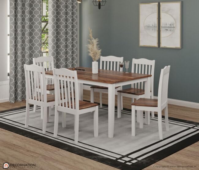 Image of DecorNation Avery Solid Wooden 6 Seater Dining Table Set with Chairs | White & Brown Finish | Glossy Top Rectangular Dining Table | Modern Dining Furniture for Home