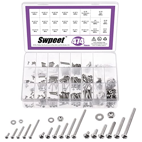 Swpeet 474Pcs #2-56#4-40#6-32 304 SAE Stainless Steel Phillips Pan Head Machine Screws and Nuts Bolts with Flat Washers Assortment Kit, Stainless Steel Screws Hardware Assortment for Home Use