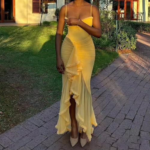 Image of Women's Spaghetti Strap Maxi Dress High Split Ruffle Hem Bodycon Cocktail Dresses Evening Party Dress
