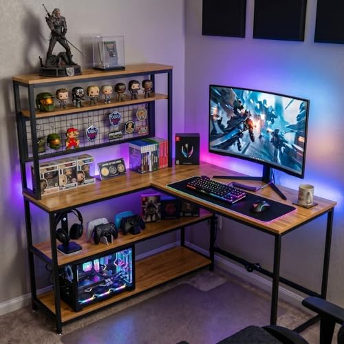 Image of L Shaped Computer Desk with Bookshelf | Gaming Table with Storage Shelves, Metal Frame, Monitor Stand, Organizer Hooks | Wooden Study Table for Home, Office & Work from Home | DIY.