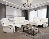 Plithzy 3 Piece Bonded Leather Recliner Sofa Set, Manual Reclining Sofa Set with Cup Holder&Storage, 3 Seat Sofa Recliner Couch and Chair for Living Room Furniture (Cream White)