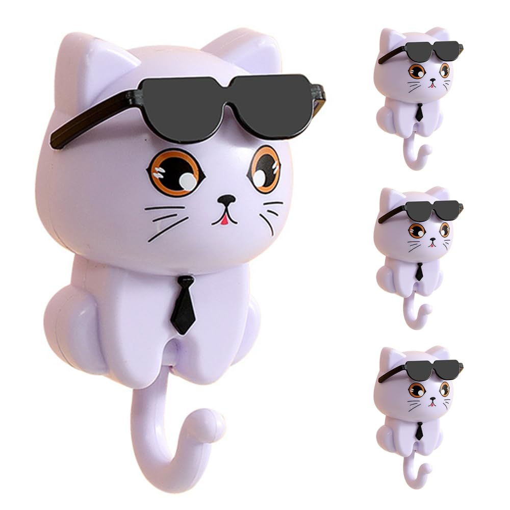 MiOYOOW Cute Cat Key Hook, 4PCS Creative Wall Cat Key Organizer Adhesive Kitten Coat Hooks with Sunglasses for Hanging Key Hat Bag Towel Scarf