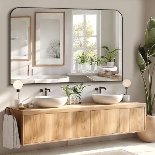Image of Bathroom Mirror, Wall Mirrors, Black Metal Framed Wall-Mounted Mirrors, Bathroom Vanity Mirror for Over Sink, Living Room, Bedroom, Entryway, 48x32 Inch, Black