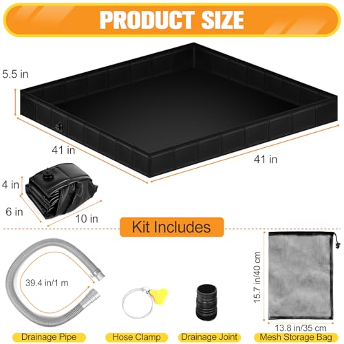 Upgraded Portable Shower Pan 41&#8243;x41&#8243;x5&#8243; &#8211; Heavy-Duty Non-Slip Base with Drain Hole &#038; Mesh Storage Bag | Collapsible Camp Shower Tray for RV, Beach, Glamping | Leakproof Outdoor Bath Floor
