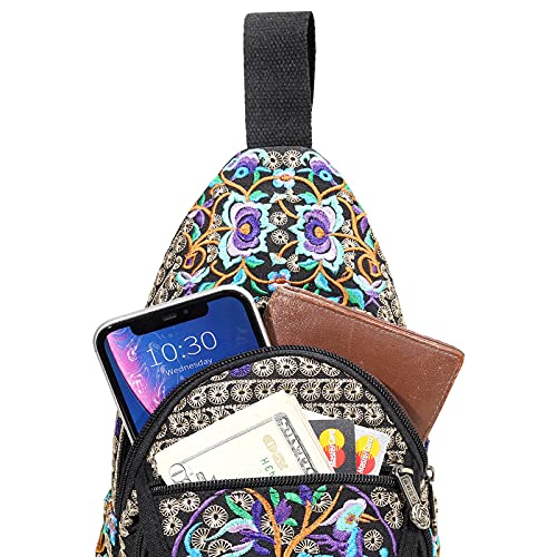 Image of SILKAREA Vintage Embroidered Bohemian Small Sling Bag for Women Crossbody Rope Sling Backpack Purse Shoulder Bag