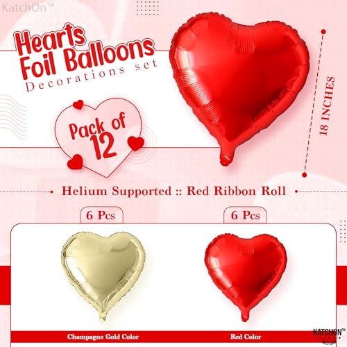 Image of KatchOn, Red and Gold Heart Balloons, 12 Pack, 18 Inch, Foil /Mylar, Helium Supported, Valentine's Day, Adult, Unisex, Love, Balloons