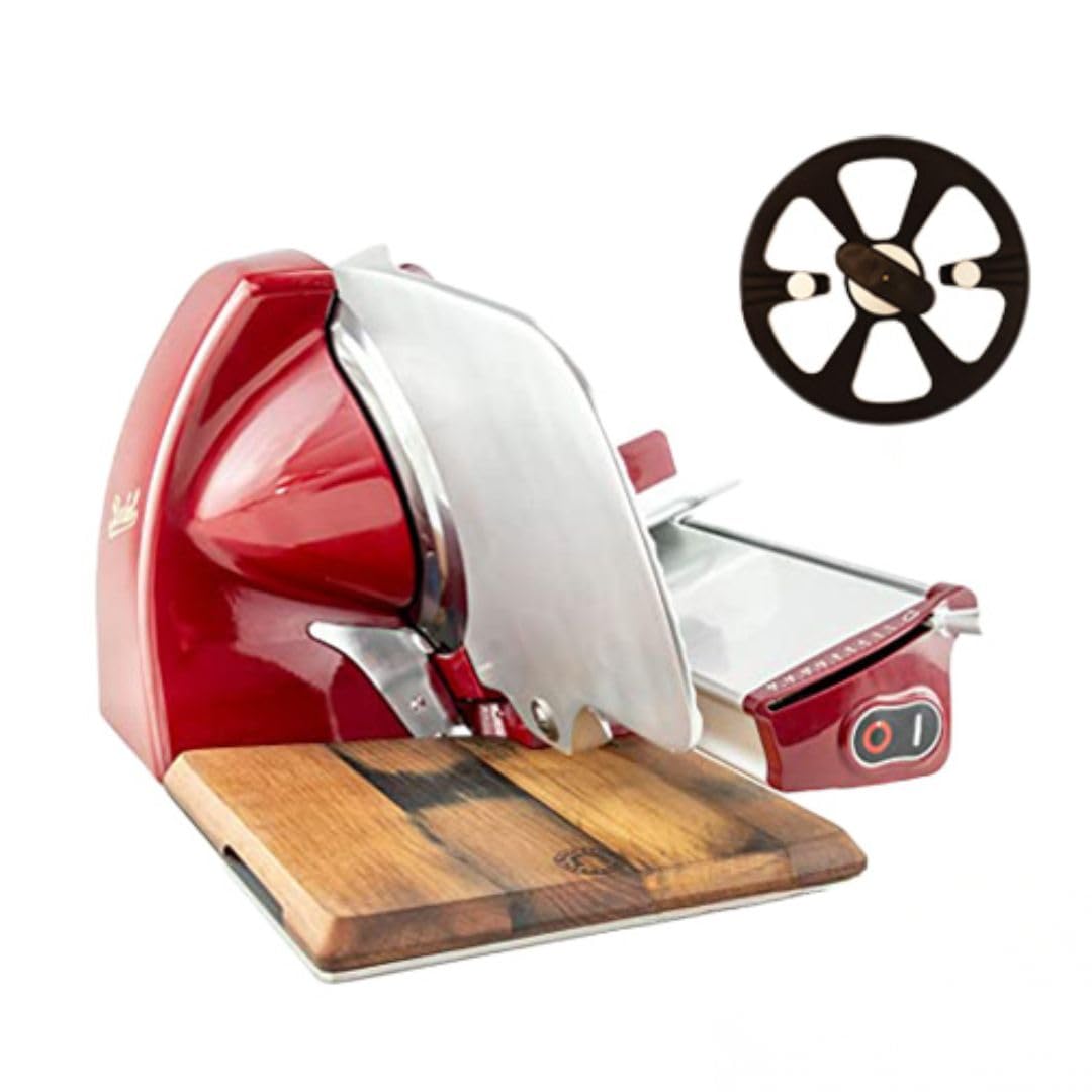 Berkel Aufschnittmaschine Home Line 200 Plus in rot - Küchenschneidemaschine inkl. Messerabnehmer und handgefertigtem Fassholzbrett Unikat - Sonderangebot