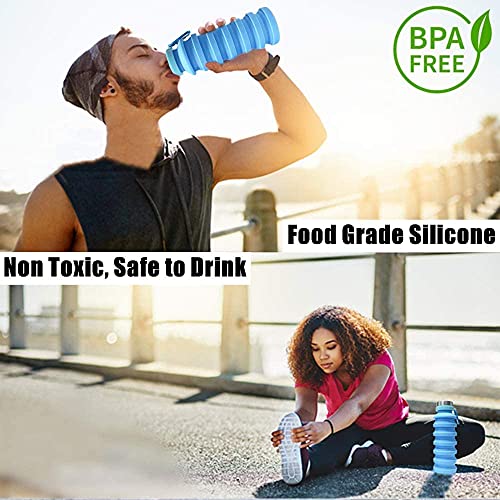 Image of we3 Collapsible Water Bottle, 550ml Reusable Silicone Light Water Bottles for Travel Outdoor Portable Leakproof Drinking Bottles with Carabiner (Blue, Pack of 2)