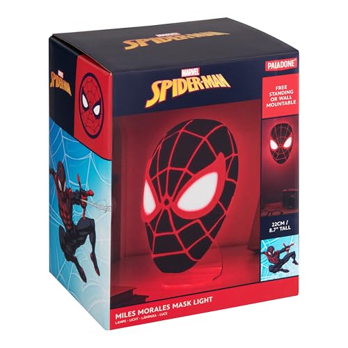 Image of Paladone Miles Morales Spider-Man Mask LED Light - Wall-Mount or Freestanding Lamp | Official Marvel Collectible for Bedrooms, Game Rooms & Gifts