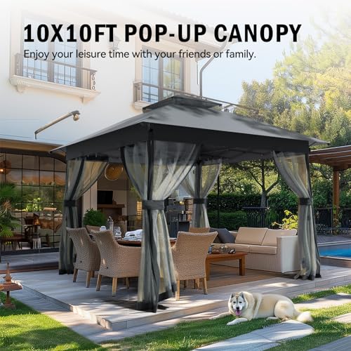 Outdoor Pop Up Gazebo 10x10 - Instant Canopy Tent with Mosquito Nettings, Double Roof Vented Gazebos Tents Shelter for Backyard Shade Party Garden Lawns (Gray, 10x10)