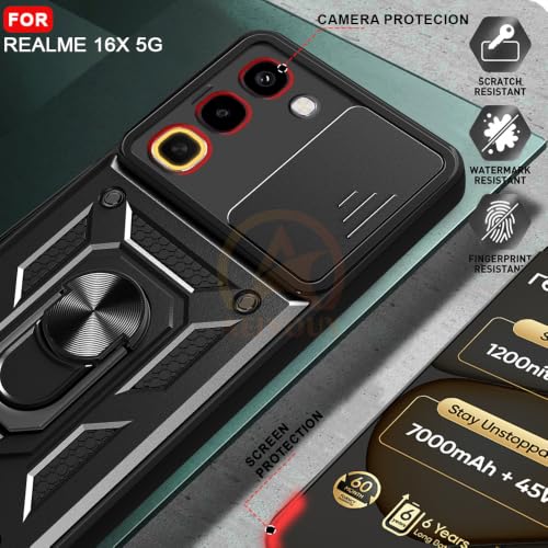 Image of Armor Bumper Back Cover Case for Realme 16X 5G Rotating Camera Cover, Ring Holder & Kickstand | Heavy Duty & 360 Degree Protection Back Cover for Realme 16X 5G (Black)