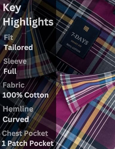 Image of 7-DAYS Men's Premium Check Shirt - 100% Cotton, Tailored Fit (Between Slim & Regular), Full Sleeve, with Pocket - Smart Office & Casual Look