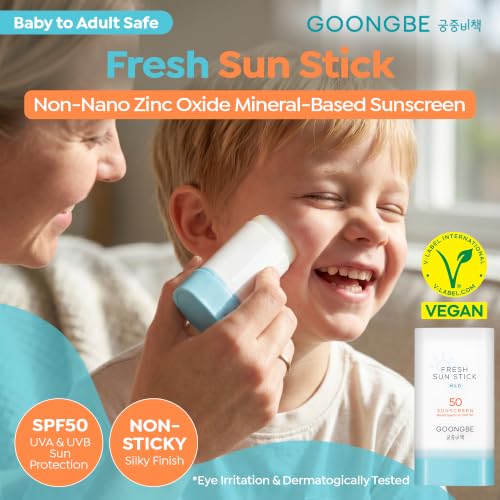 Image of GOONGBE Fresh Sun Stick Mild SPF 50 - No White Cast Zinc Oxide Mineral Sunscreen Stick Balm - Non Greasy Soft Matte Finish - Travel Friendly for Babies, Kids & Adults - Vegan, 0.81oz.