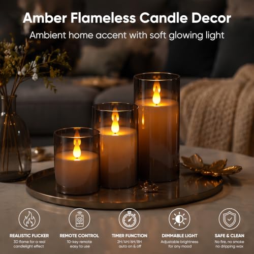 Image of Homemory Gray Flameless Candles, Battery Operated Acrylic LED Pillar Candles with Remote Timer, Realistic Flickering Fake Candles for Home Decor, Wedding, Party, Halloween Decorations, Set of 3