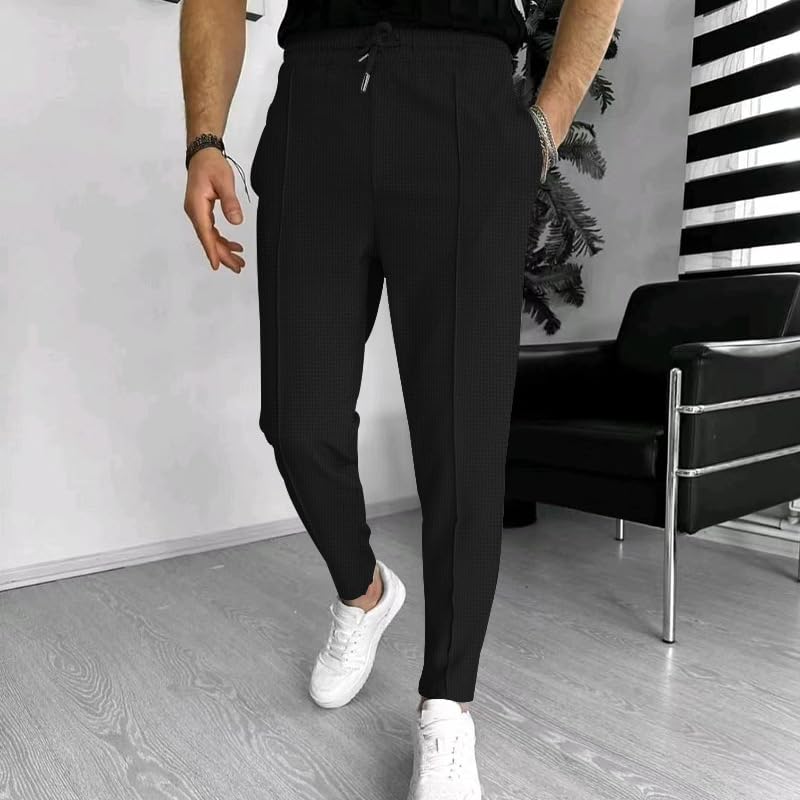 ZWRXW Men's Pants Pleated Front Casual Waffle Long Trousers Tapered Elastic Waist Drawstring Sweatpants with Pockets3
