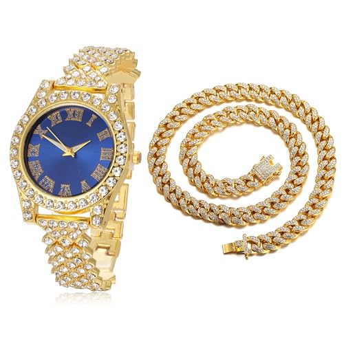 Image of Halukakah Diamonds Gold Watch Iced Out, Kid's 18K Real Gold /Platinum White Gold Plated 36MM Width Green /Blue /Red Dial Quartz Wristband 8 inch with Cuban Link Chain 7 inch+16 inch Bracelet, Free Giftbox