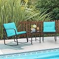 Greesum 3 Pieces Rocking Rattan Wicker Bistro, Patio Furniture Set with Soft Cushion and Glass Coffee Table, Design for Poolside Yard Garden, Blue